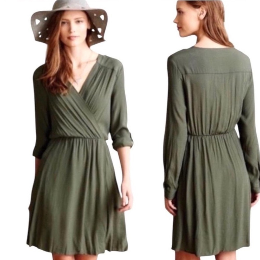 Anthropologie‎ Maeve Dress Lene Faux Wrap Olive Green Roll Tab Sleeves Size MP
